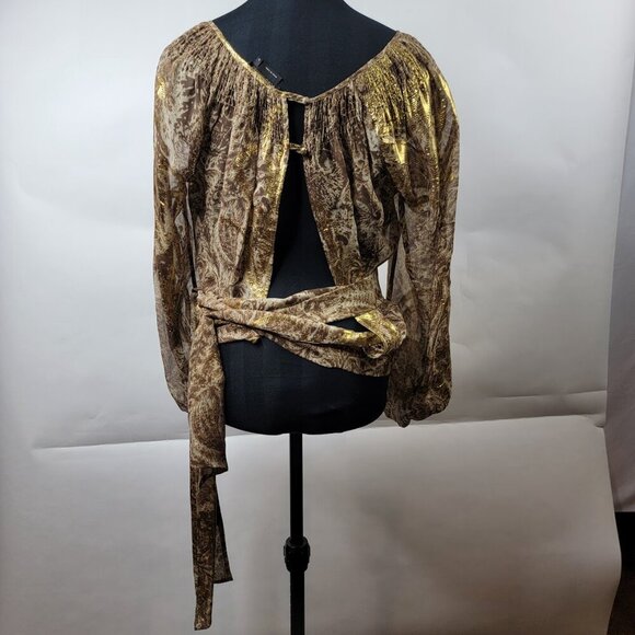 BCBG Maxazria Metallic Paisley Sheer Wrap Blouse Sz S - Picture 8 of 15